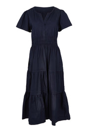 Product shot of the Essentials Organic Cotton Poplin Maxi Ruched Waist Dress in colour Navy (Blue), from the front