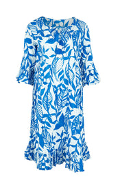 Product shot of the Hayman Cotton Blend Pinch Pleat Frill Sleeve Dress in colour Blue (Blue), from the front