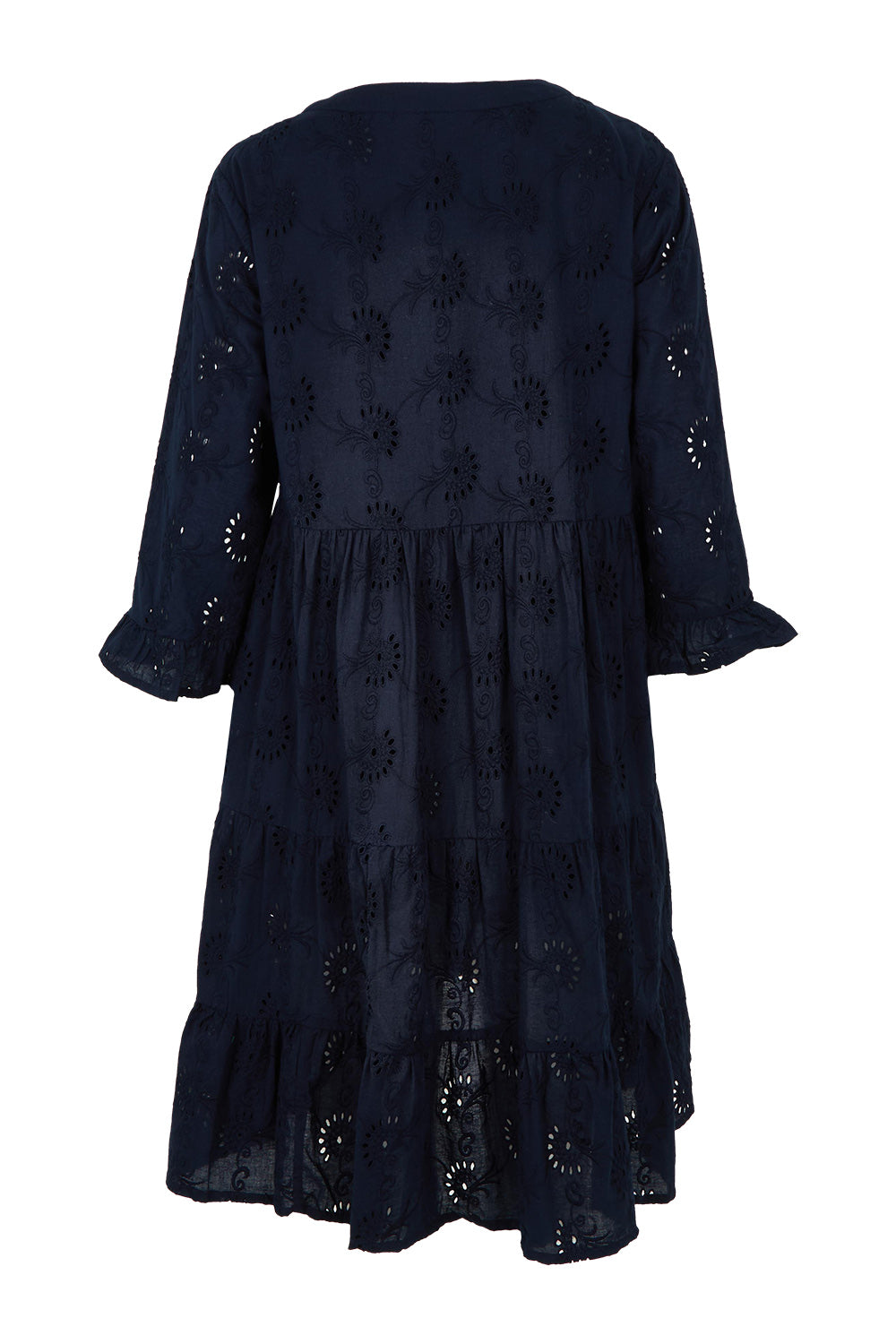 Product shot of the Essentials Frill Hem Broderie Cotton Dress in colour Navy (Blue), from the back