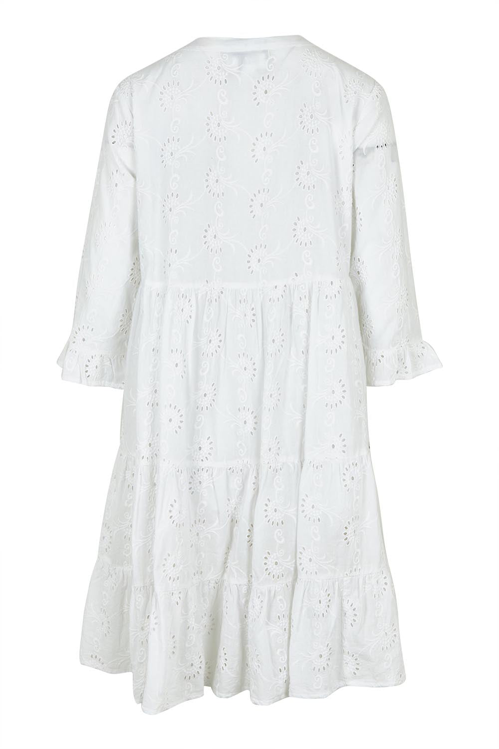 Product shot of the Essentials Frill Hem Broderie Cotton Dress in colour White (White), from the back