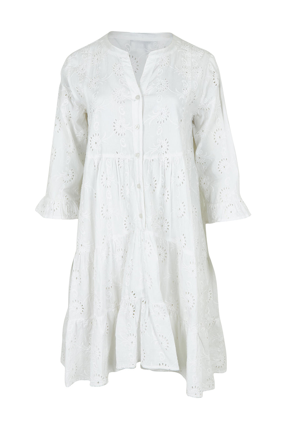 Product shot of the Essentials Frill Hem Broderie Cotton Dress in colour White (White), from the front