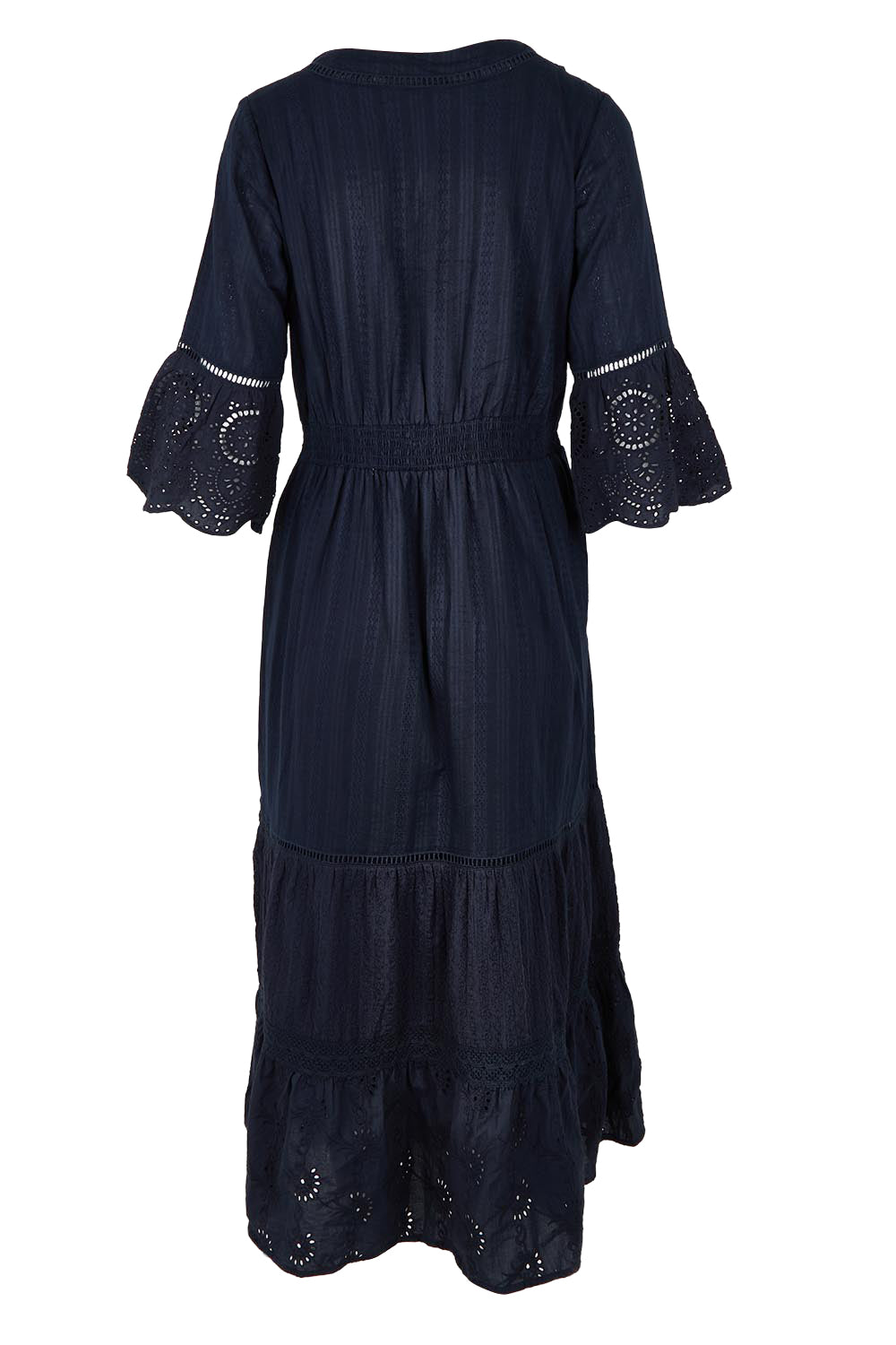 Product shot of the Essentials Maxi Broderie Cotton Dress in colour Navy (Blue), from the back