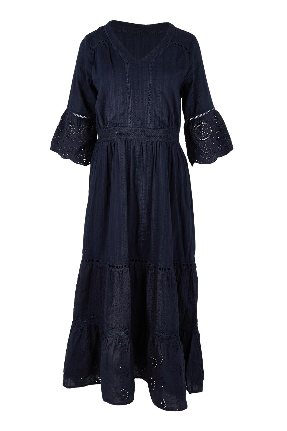 Product shot of the Essentials Maxi Broderie Cotton Dress in colour Navy (Blue), from the front