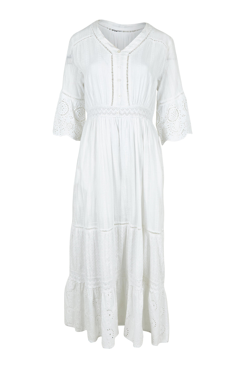 Product shot of the Essentials Maxi Broderie Cotton Dress in colour White (White), from the front