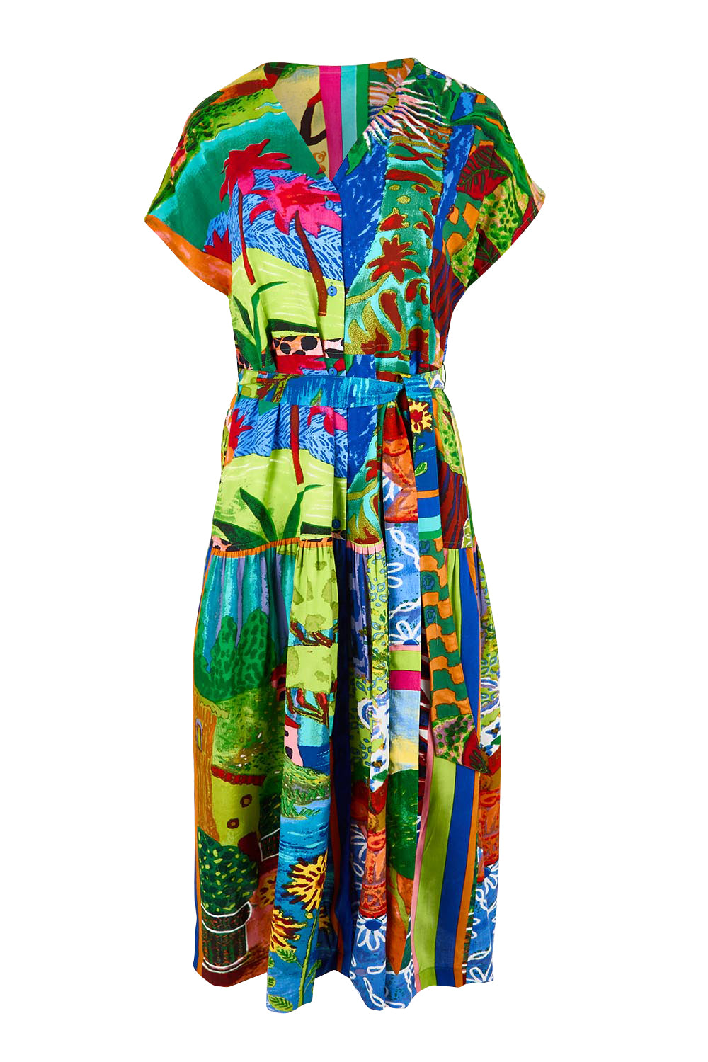 Product shot of the V-Neck Button Through Dress – Print in colour Print, from the front