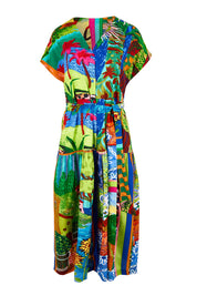 Product shot of the V-Neck Button Through Dress – Print in colour Print, from the front
