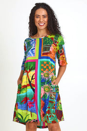 Model Pamelar wearing size 10 of the Contemporary Dress – Print in colour Print, in a cropped view