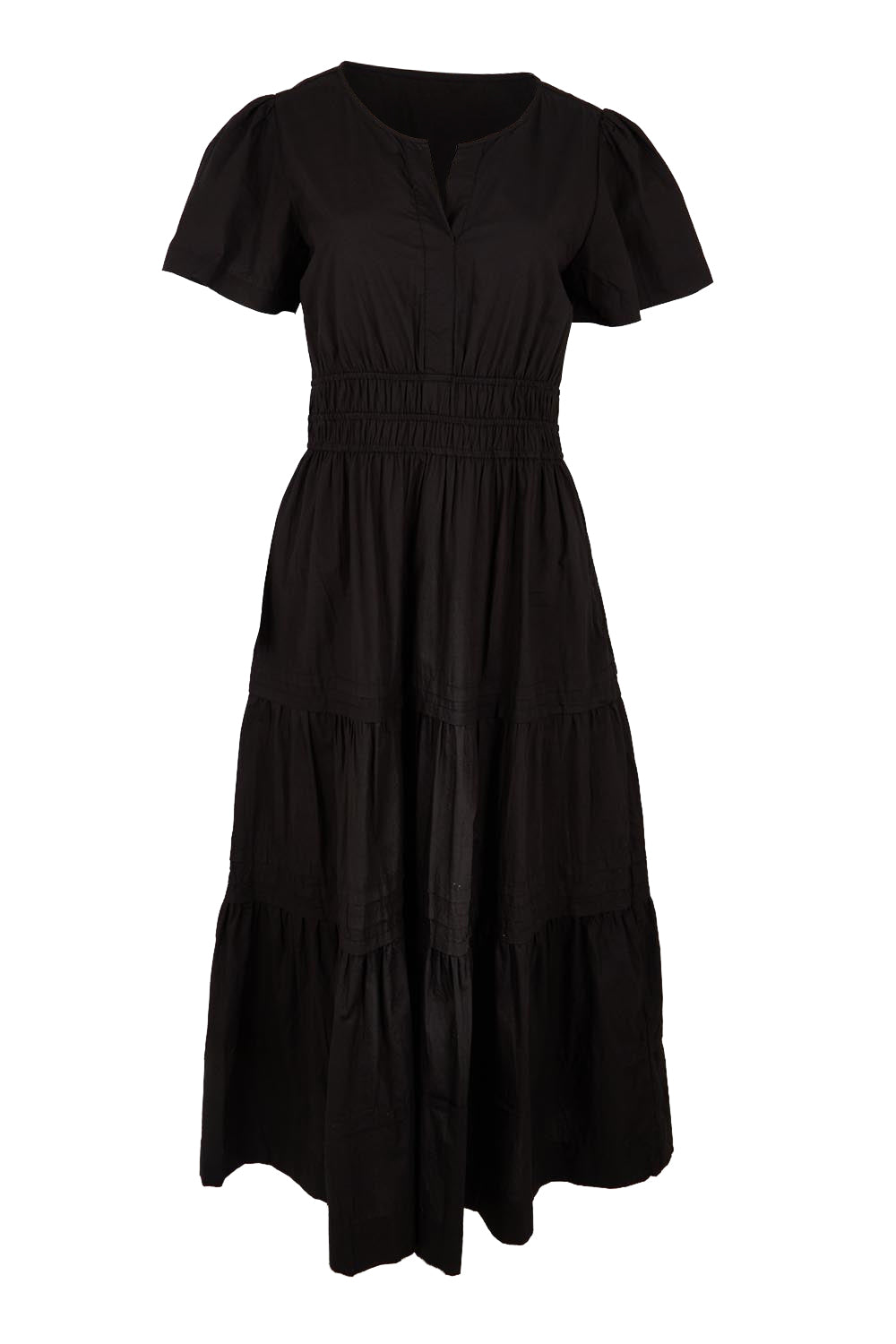 Product shot of the Essentials Poplin Short Sleeve Cotton Maxi Dress - Black in colour Black, from the front