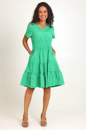 Model Pamelar wearing size 10 of the Essentials Poplin Short Sleeve Cotton Short Dress - Green in colour Green, from the front