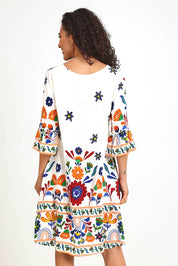 Model Pamelar wearing size 10 of the Contemporary Dress – Print in colour Print, from an angle