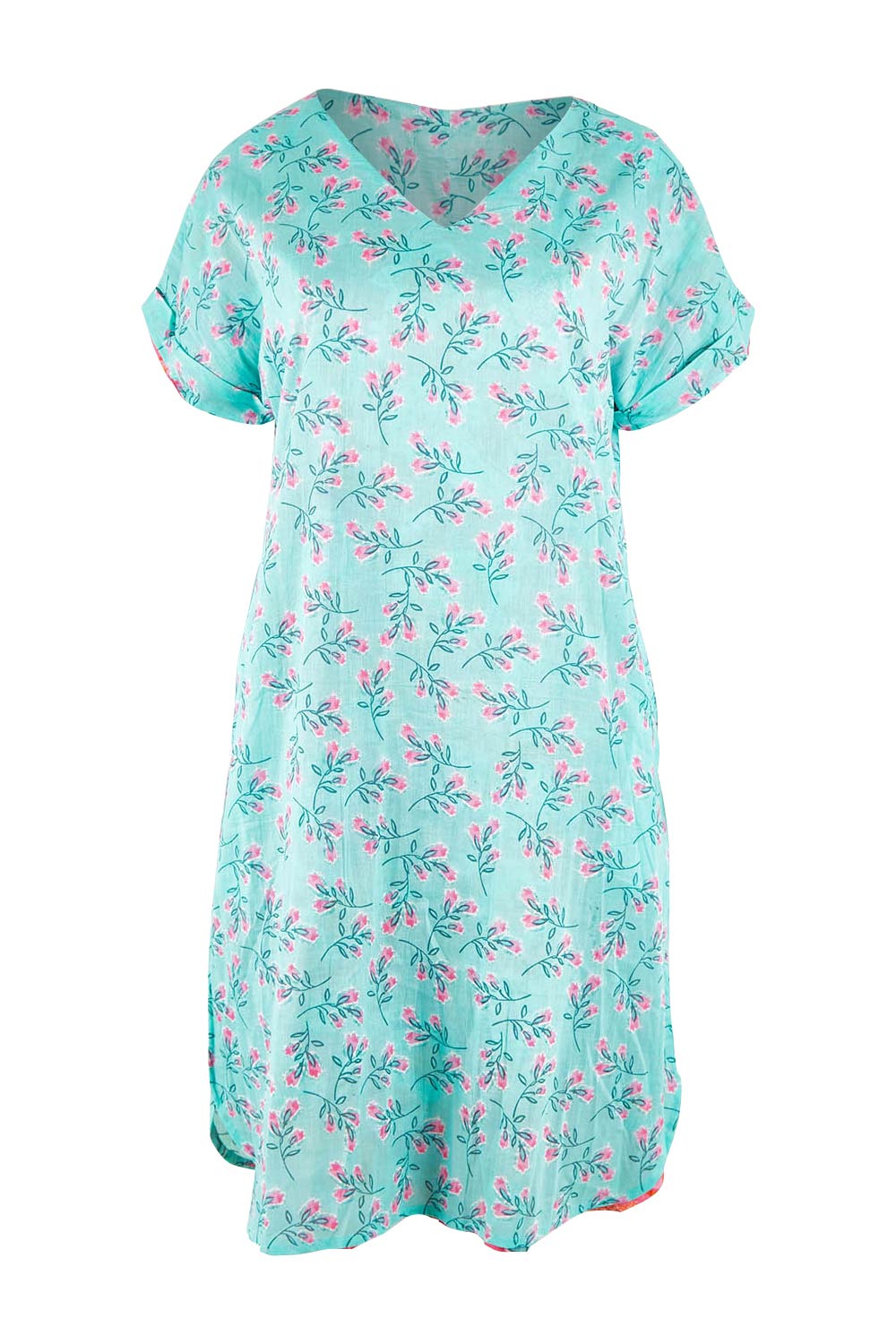 Product shot of the Symi Reversible Shift Organic Cotton Dress in colour Aquapink (Pink), detail