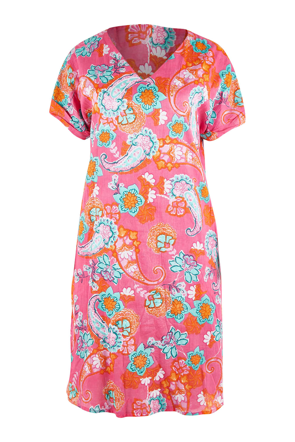 Product shot of the Symi Reversible Shift Organic Cotton Dress in colour Aquapink (Pink), from the front