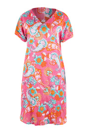 Product shot of the Symi Reversible Shift Organic Cotton Dress in colour Aquapink (Pink), from the front