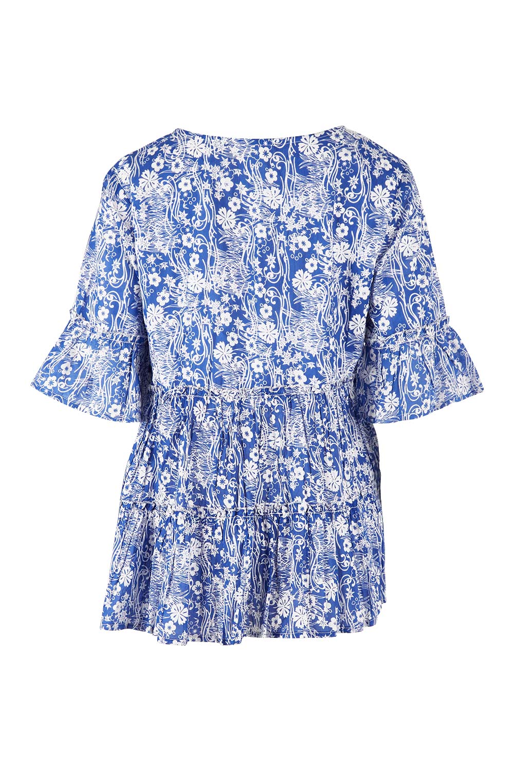Product shot of the Cappadocia Organic Cotton Frill Sleeve Top in colour Blue (Blue), from the back