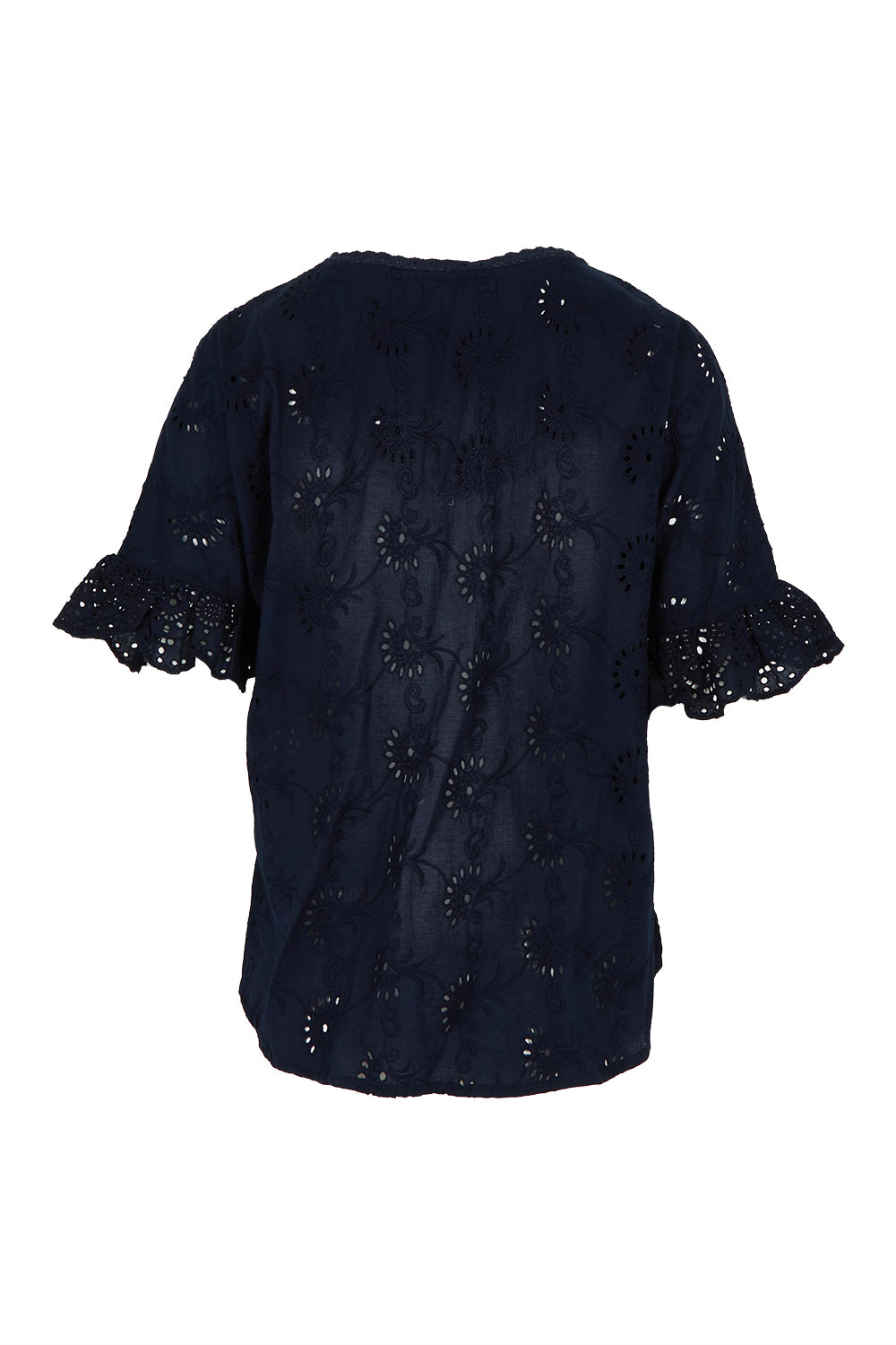 Product shot of the Essentials Broderie Cotton Top in colour Navy (Blue), from the back