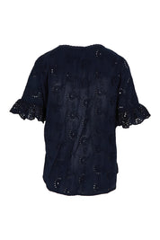 Product shot of the Essentials Broderie Cotton Top in colour Navy (Blue), from the back