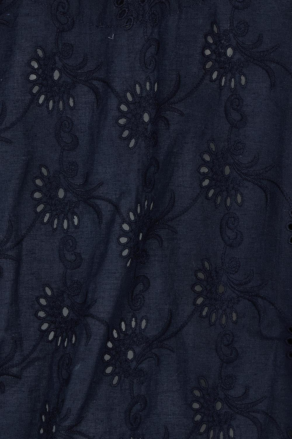 Product shot of the Essentials Broderie Cotton Top in colour Navy (Blue), detail
