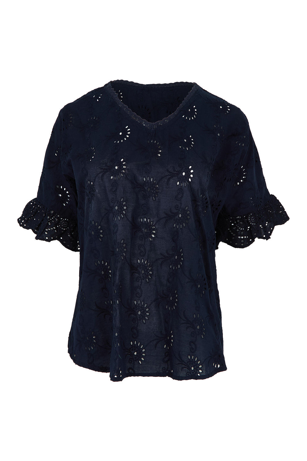 Product shot of the Essentials Broderie Cotton Top in colour Navy (Blue), from the front