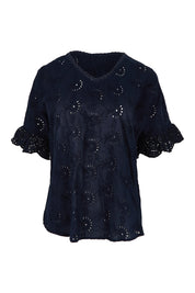 Product shot of the Essentials Broderie Cotton Top in colour Navy (Blue), from the front