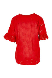 Product shot of the Essentials Broderie Cotton Top in colour Red (Red), from the back