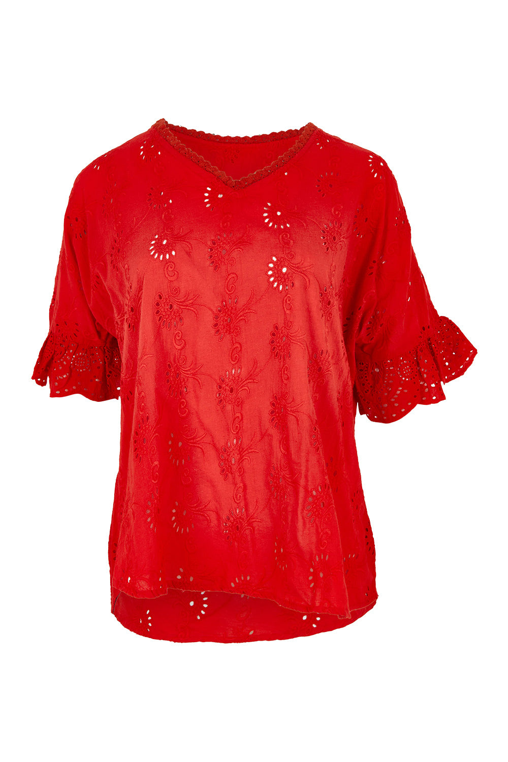 Product shot of the Essentials Broderie Cotton Top in colour Red (Red), from the front