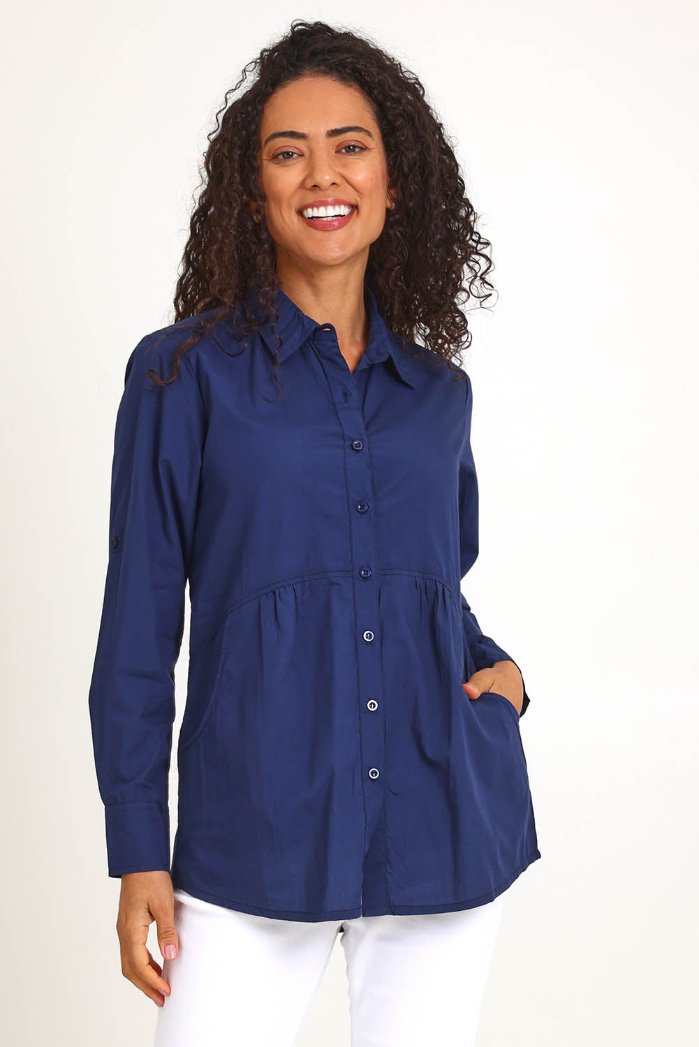 Model Pamelar wearing size 10 of the Essentials Poplin Cotton Shirt - Navy in colour Navy, in a cropped view