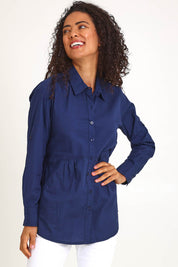 Model Pamelar wearing size 10 of the Essentials Poplin Cotton Shirt - Navy in colour Navy, in a cropped view