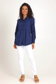 Model Pamelar wearing size 10 of the Essentials Poplin Cotton Shirt - Navy in colour Navy, from the front