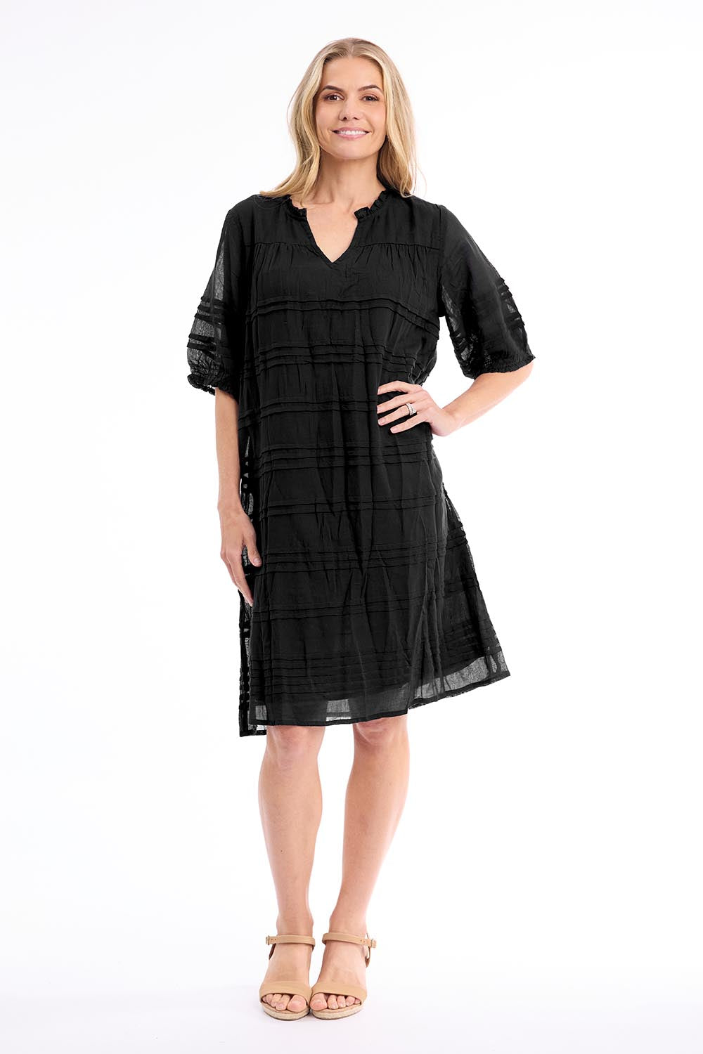 Model Genericm wearing size sample of the Essentials Pleated Cotton Dress - Black in colour Black, from the front