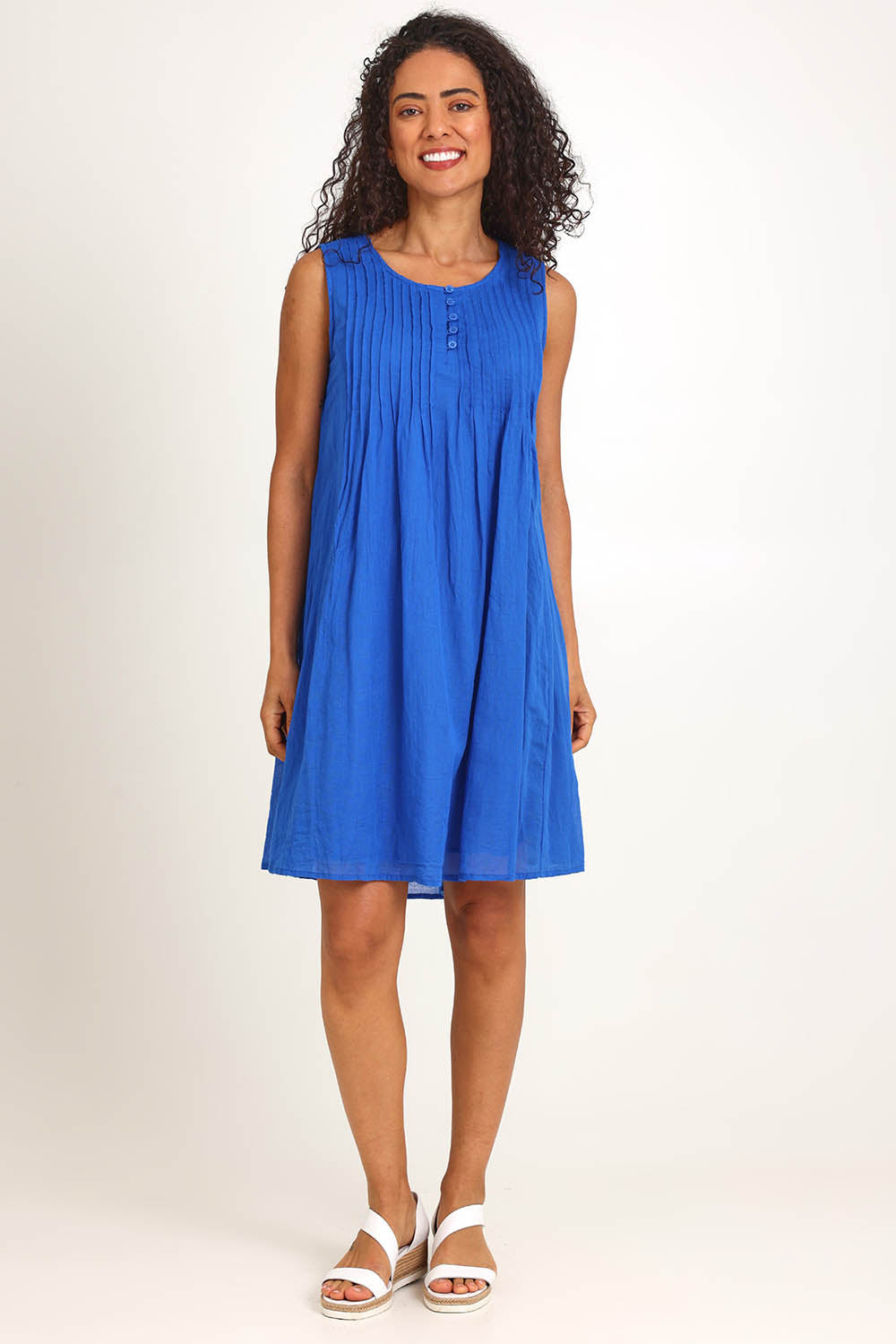 Model Pamelar wearing size 10 of the Essentials Easy Fit Sleeveless Cotton Dress - Blue in colour Blue, from the front