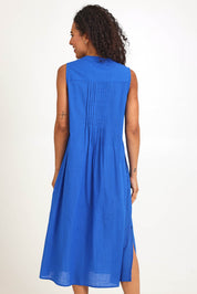 Model Pamelar wearing size 10 of the Essentials Pleated Cotton Maxi Dress - Blue in colour Blue, from the front