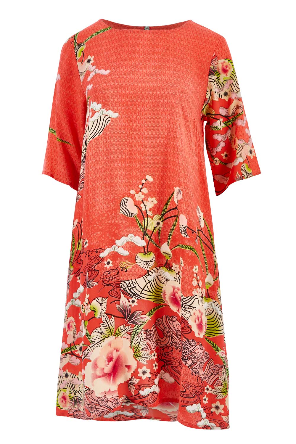 Product shot of the Bologna Shift Dress in colour Floral (Red), from the front