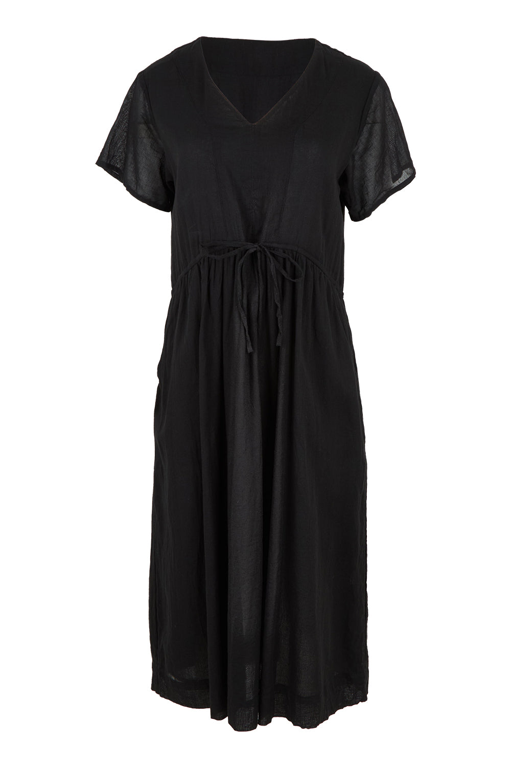 Product shot of the Essentials Tie Waist Cotton Dress in colour Black (Black), from the front