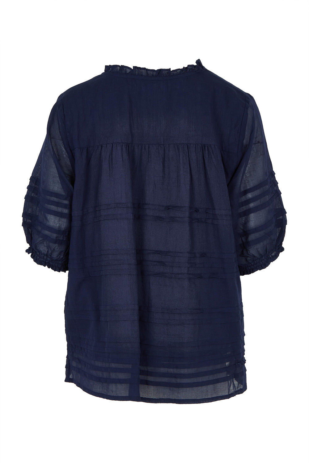 Product shot of the Essentials Organic Cotton Pleated Top in colour Navy (Blue), from the back