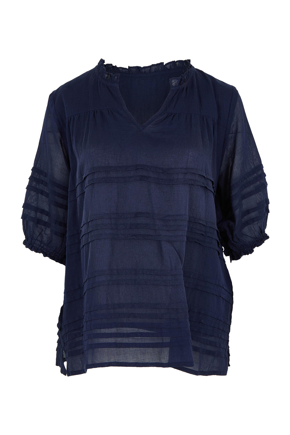 Product shot of the Essentials Organic Cotton Pleated Top in colour Navy (Blue), from the front
