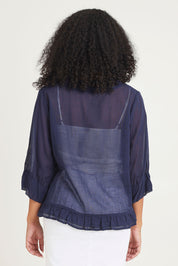 Model Ziara wearing size 10 of the Essentials Buttonthrough Cotton Top in colour Navy (Blue), from the back