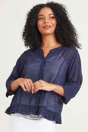 Model Ziara wearing size 10 of the Essentials Buttonthrough Cotton Top in colour Navy (Blue), from the front, cropped image