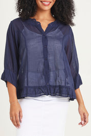 Model Ziara wearing size 10 of the Essentials Buttonthrough Cotton Top in colour Navy (Blue), from the front, cropped image