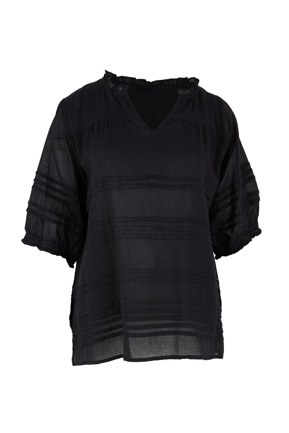 Product shot of the Essentials Pleated Cotton Top - Black in colour Black, from the front