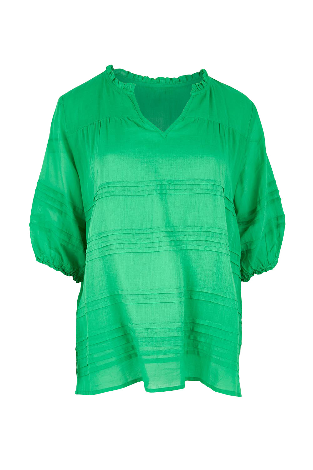 Product shot of the Essentials Pleated Cotton Top - Green in colour Green, from the front