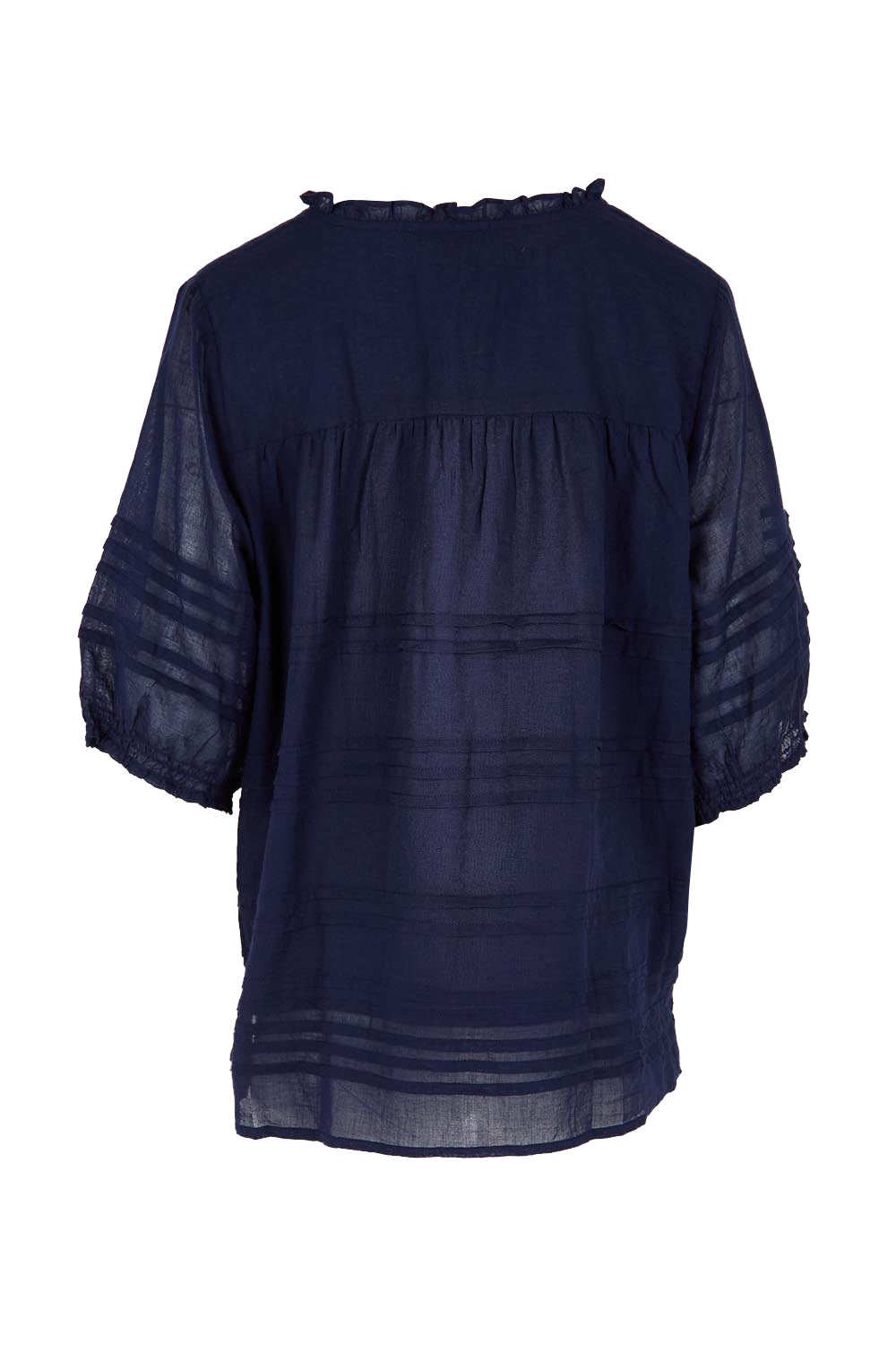 Product shot of the Essentials Pleated Cotton Top - Navy in colour Navy, from the back