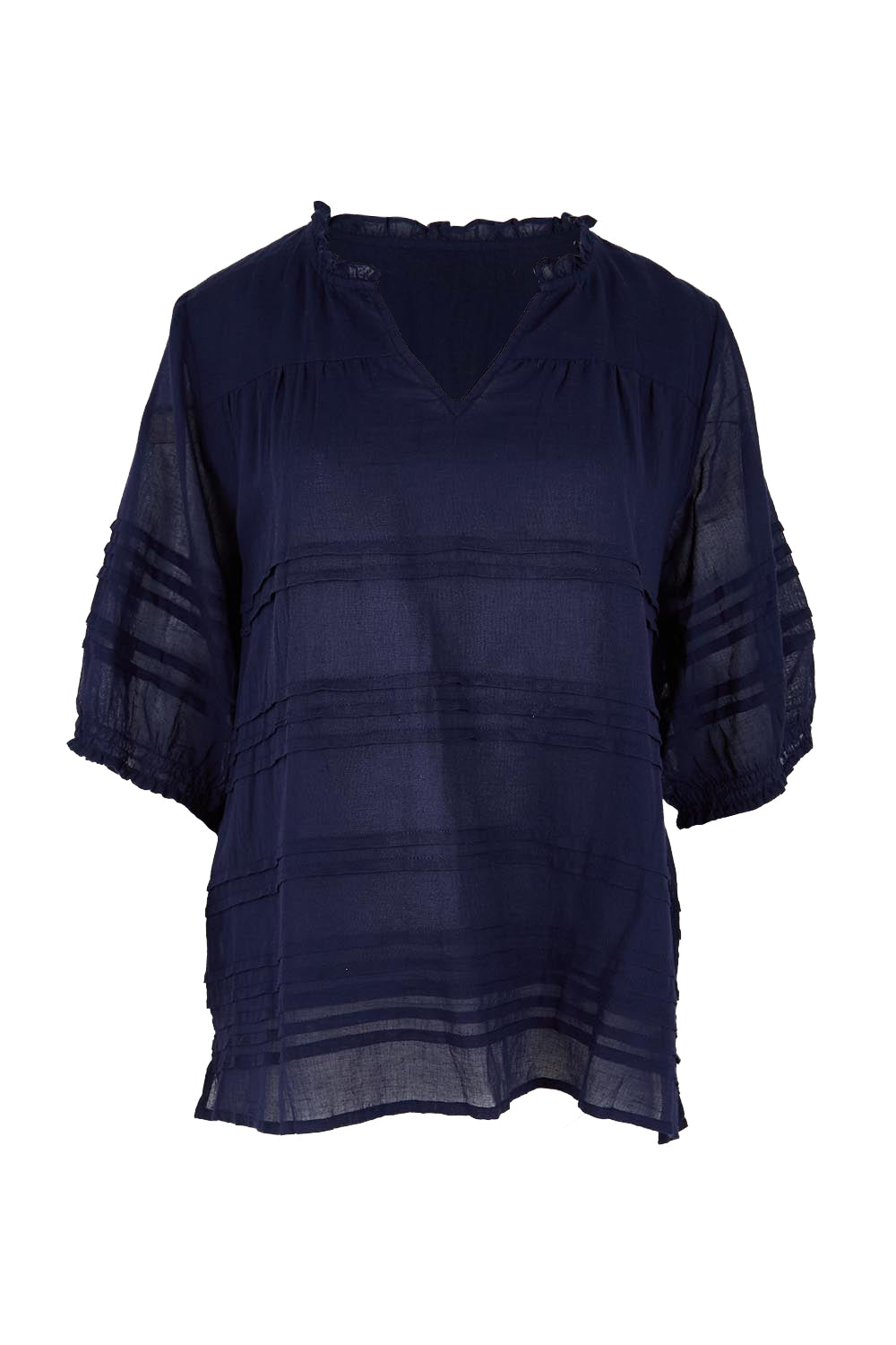 Product shot of the Essentials Pleated Cotton Top - Navy in colour Navy, from the front