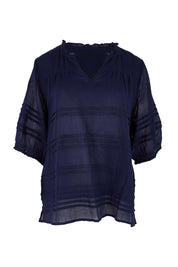 Product shot of the Essentials Pleated Cotton Top - Navy in colour Navy, from the front