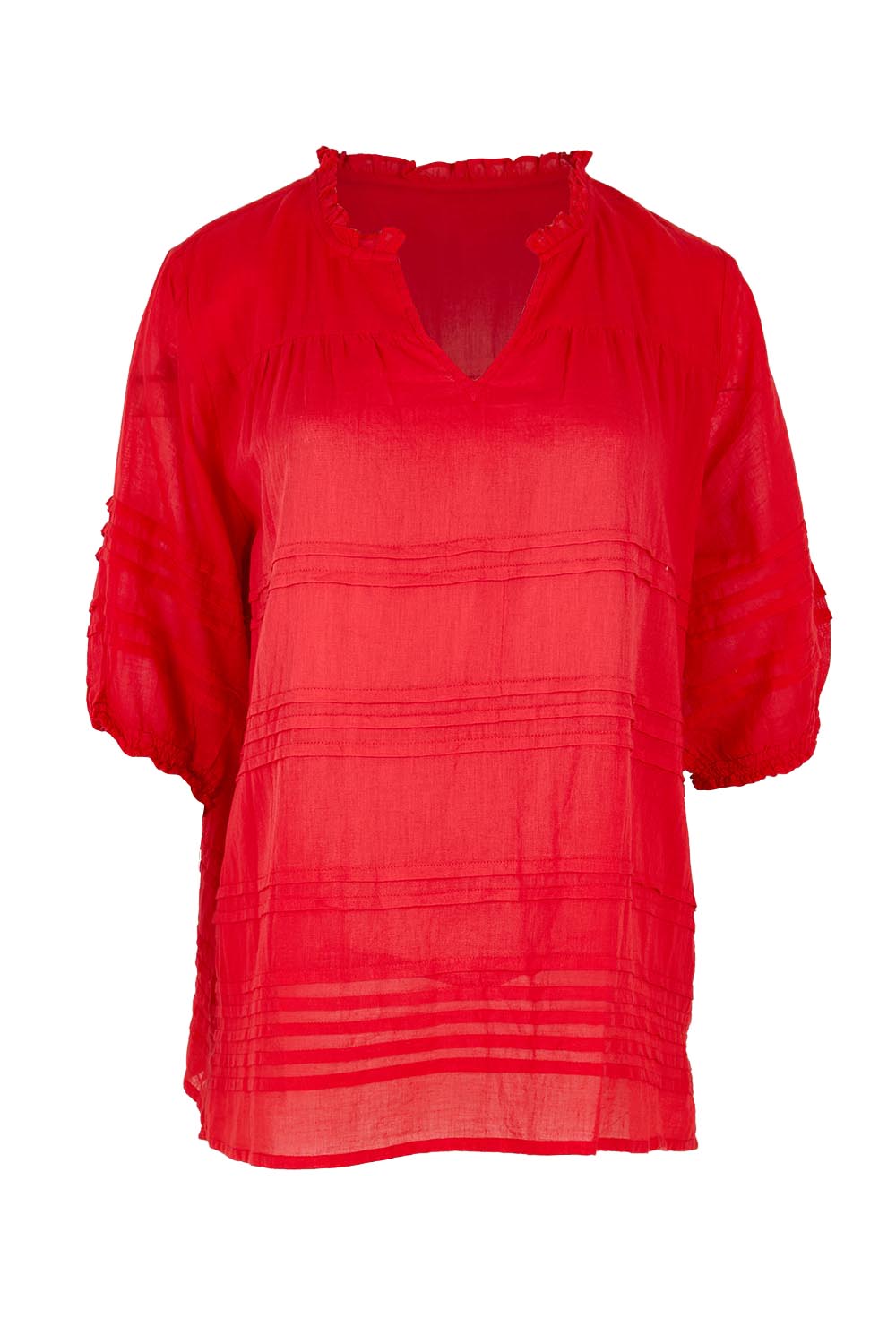 Product shot of the Essentials Pleated Cotton Top - Red in colour Red, from the front