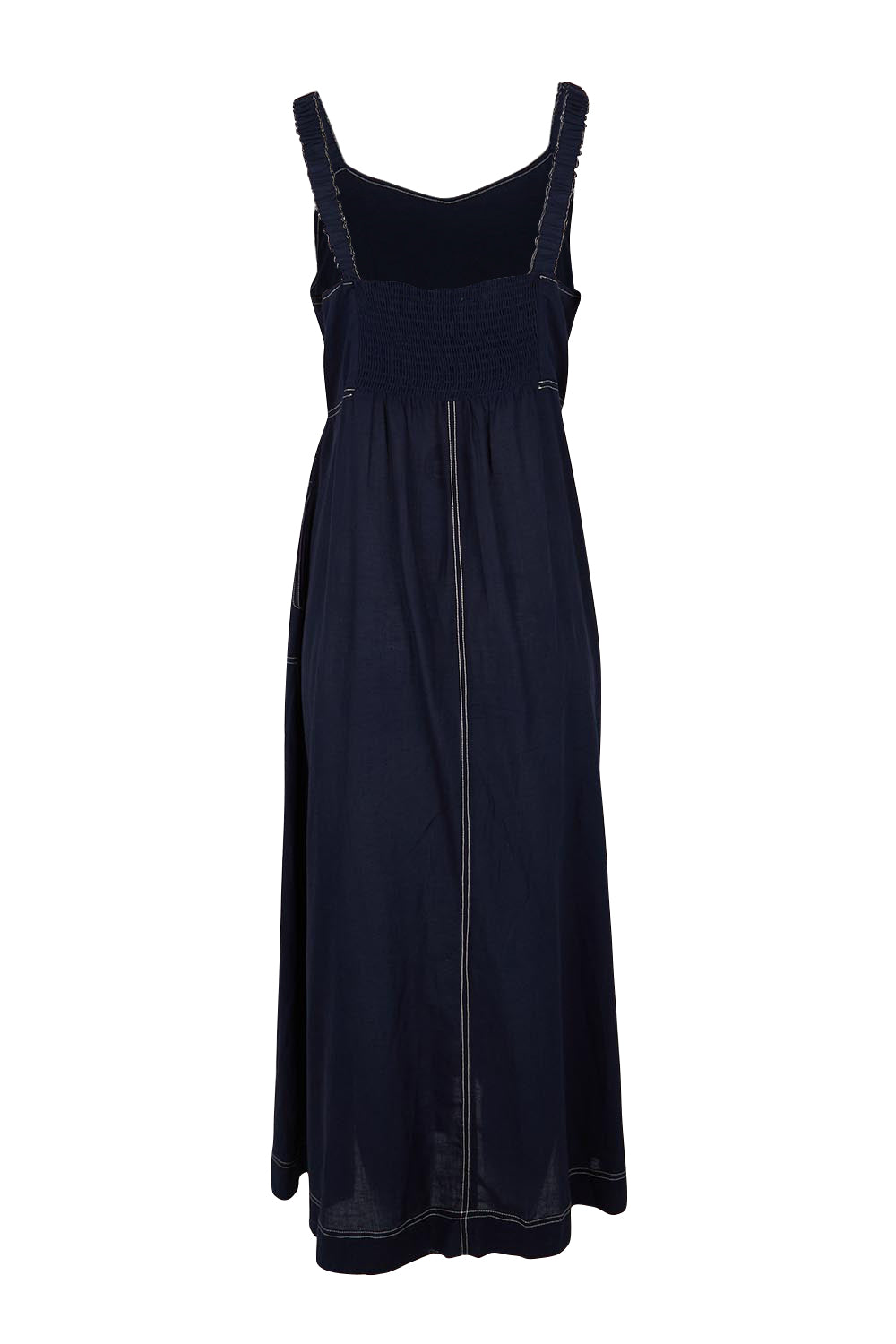 Product shot of the Essentials Strappy Linen Blend Dress - Navy in colour Navy, from the back