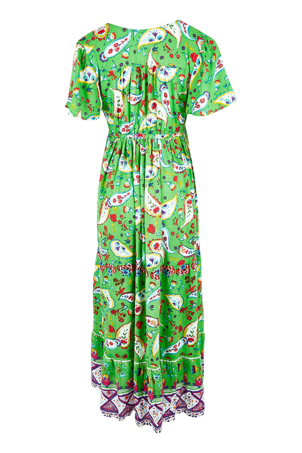 Product shot of the Famagusta Cap Sleeve Layers Dress in colour Green (Green), from the back
