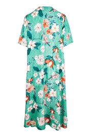 Product shot of the Kaleici V Neck Pleated Dress in colour Print (Green), from the back