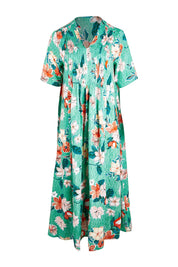 Product shot of the Kaleici V Neck Pleated Dress in colour Print (Green), from the front
