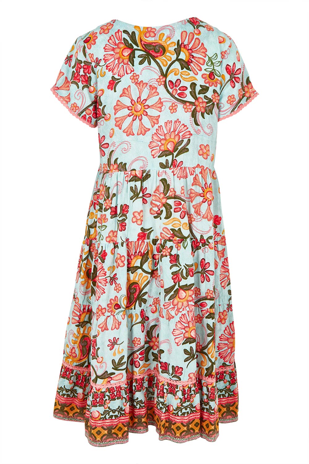 Product shot of the Short Sleeve Layers Dress in colour Macieo, from the back
