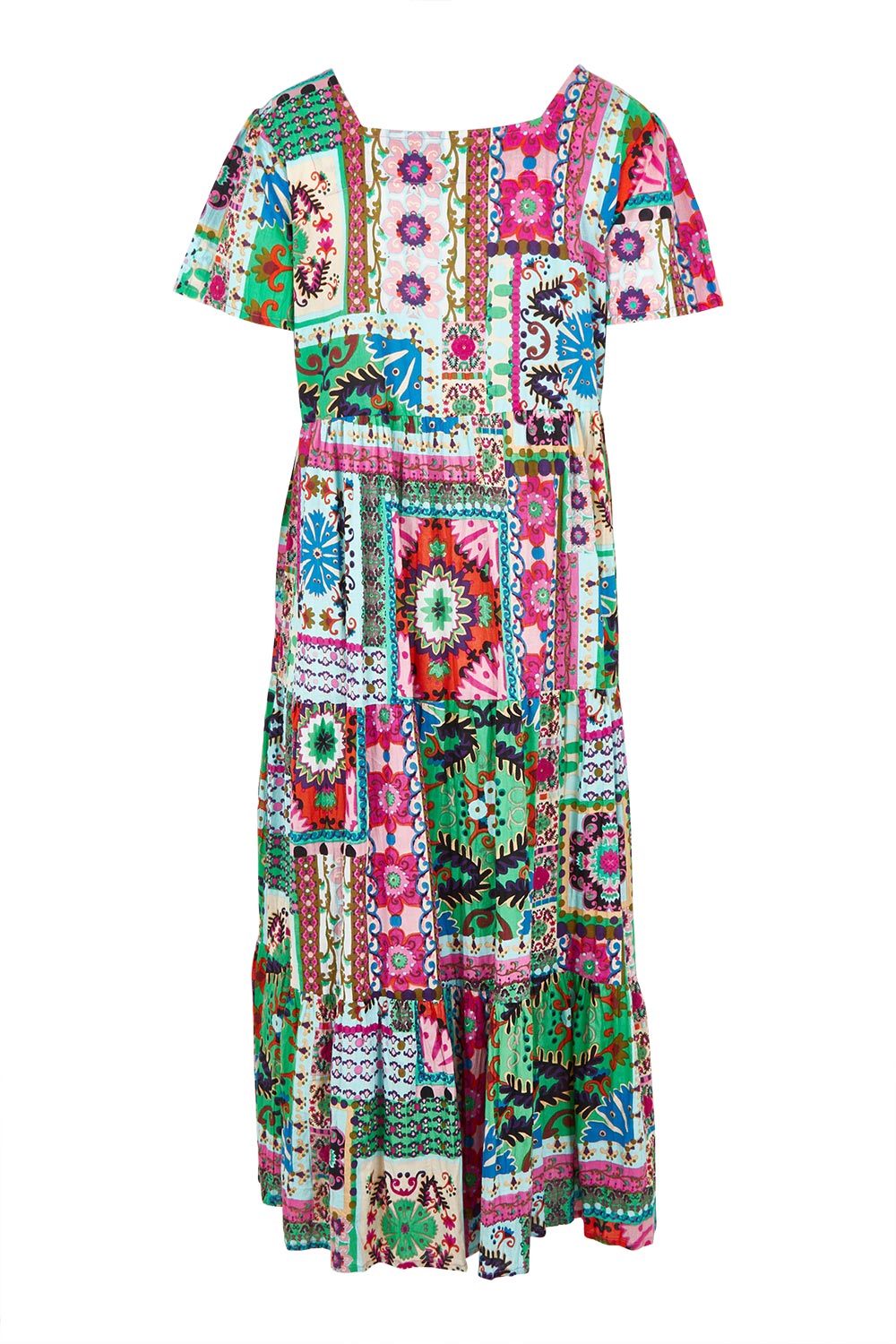 Product shot of the Sao Bento Square Neckline Layers Cotton Dress in colour Print, from the back